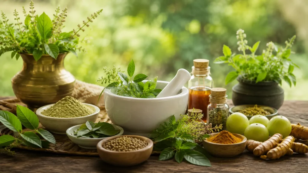 Traditional Ayurvedic herbs, medicinal powders, amla, turmeric, herbal oils, and a mortar and pestle arranged on a rustic wooden table in a peaceful natural setting, representing holistic wellness and Ayurvedic health education.